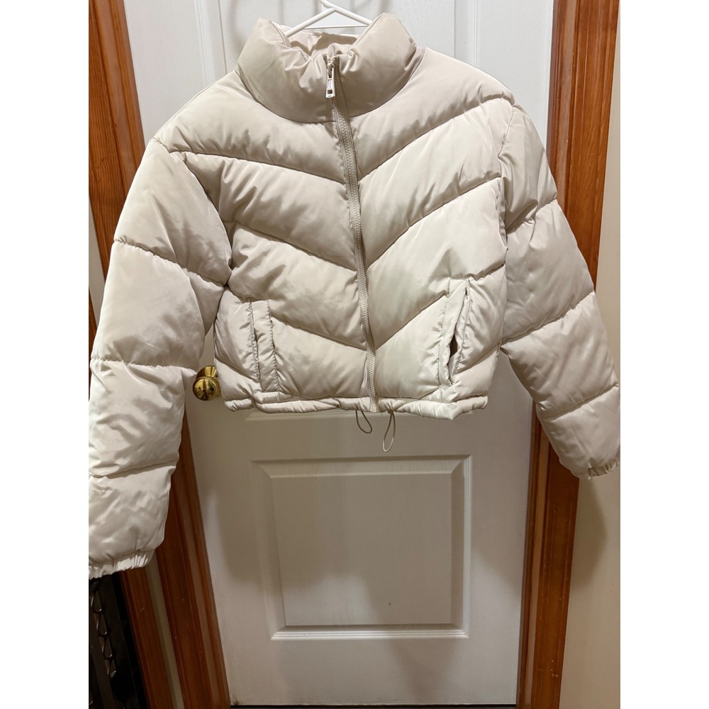 Charlotte Russe Womens Off White Satin Cropped Puffer Jacket Chevron Quilt Size